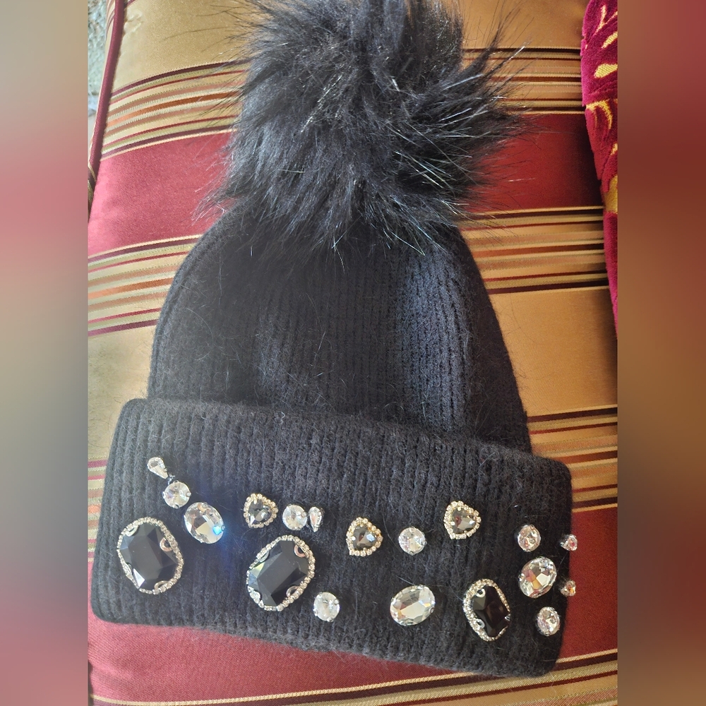 Elegant Black Beanie with Gem Accents